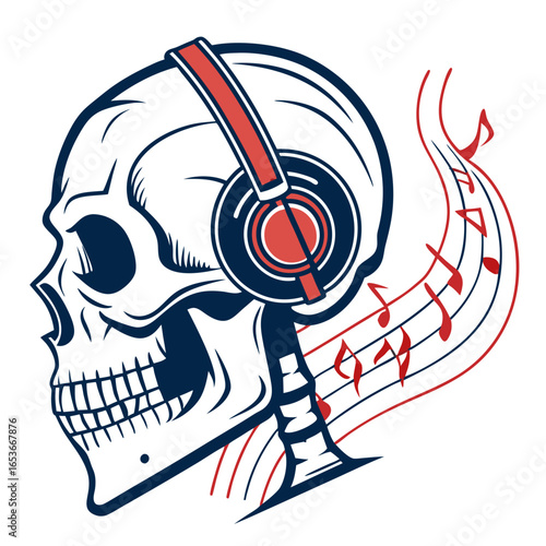 A stylized skull wearing headphones, surrounded by musical notes, suggesting enjoyment of music.