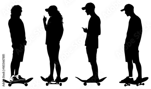 silhouette of group standing with skateboards talking
