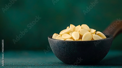 Close up of chopped almonds in a dark bowl on a textured green background
