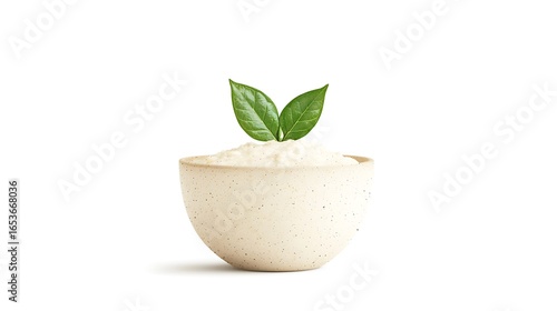 Small white ceramic pot with green leaves sprouting from soil