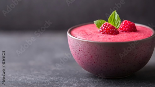 Delicious raspberry smoothie topped with fresh berries and mint