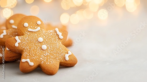 Close up of festive gingerbread man cookies with blurred holiday lights