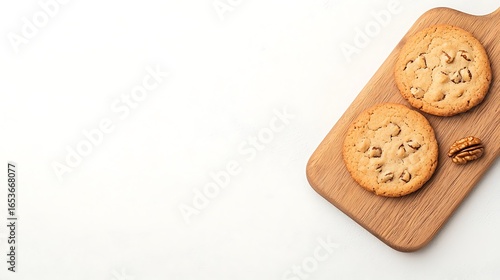 Two oval shaped cookies with nuts on a wooden cutting board