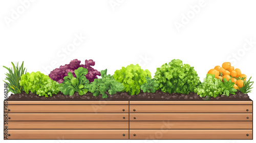 Growing fresh vegetables in a raised garden bed home garden digital illustration vibrant aerial view