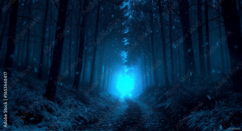 Obraz premium Dark Winter Forest Path with Falling Snow and Ethereal Light
