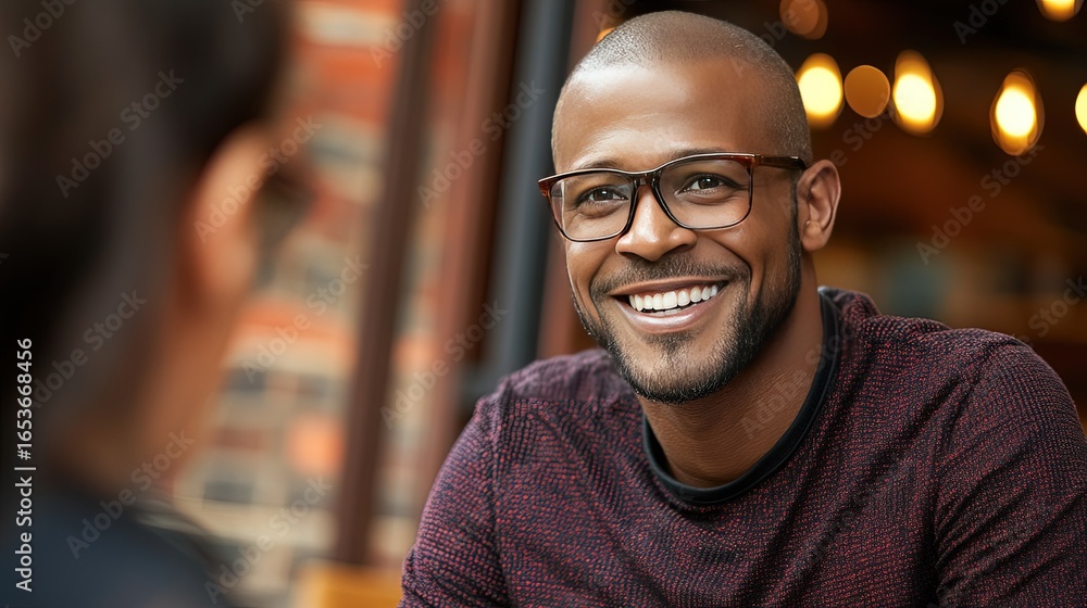 Fototapeta premium Content Black man with a beard and eyeglasses smiling and looking at someone off camera in a relaxed indoor setting