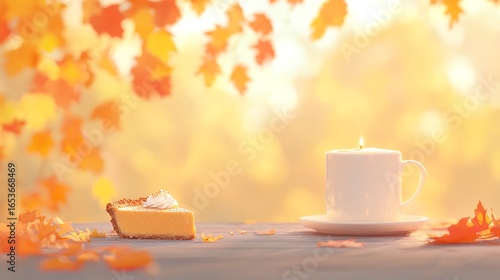 Cozy autumn scene with pumpkin pie and warm drink