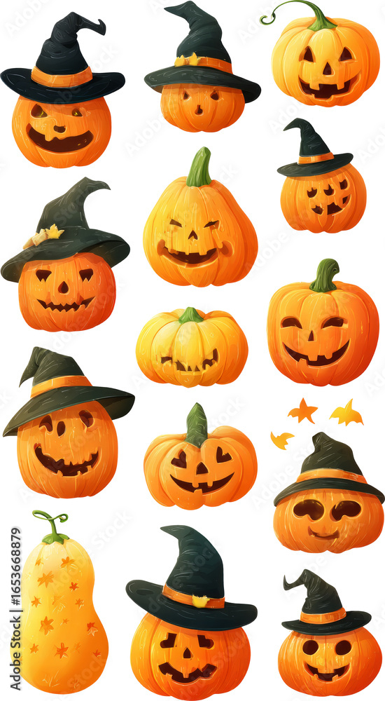 Naklejka premium Charming Pumpkin Faces Wearing Witch Hats Ready for a Spooky Halloween Celebration
