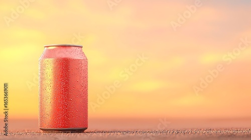 Cold refreshing beverage can at sunset on a beach