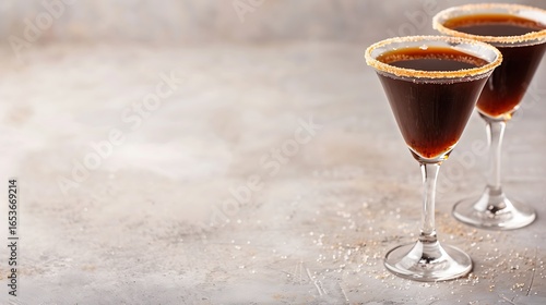 Two elegant dark colored cocktails with sugared rims