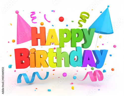 Playful 3D Balloon Lettering of Happy Birthday with Rainbow Colors and Confetti