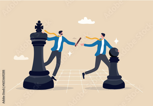 Succession planning, baton pass or relay responsibility, authority to employee, work delegation, support, appointment or mentorship concept, businessman boss on king chess baton pass to his successor.