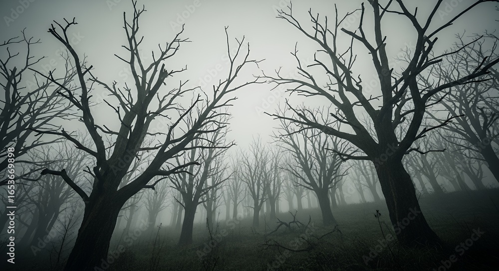 Fototapeta premium Eerie Dead Trees in Fog Spooky Forest Background Image