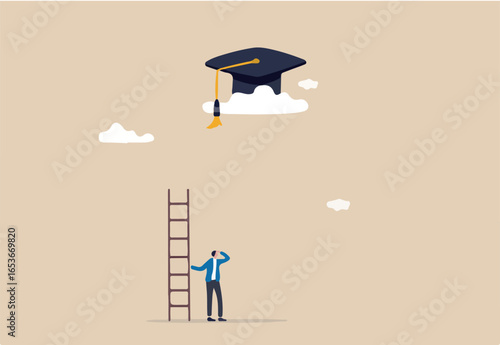 Education cost, expensive school or university cost, education gap or scholarship opportunity concept, poor man with too short ladder to climb to reach high graduated mortarboard on the cloud.