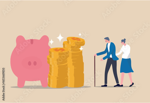 Retirement mutual fund, 401k or Roth IRA savings for happy life after retire and financial freedom concept, rich senior couple elderly man and woman stand with stacked of dollar coins pink piggy bank