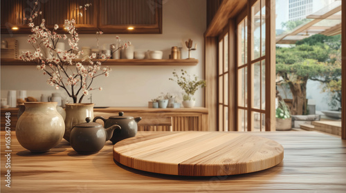 Wooden Japanese kitchen with rustic tableware and clean design