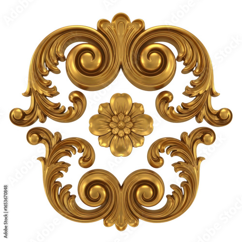 Ornate golden baroque scrollwork with floral center isolated on transparent background