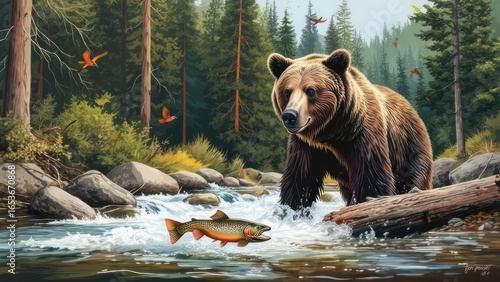Grizzly bear by a rushing stream