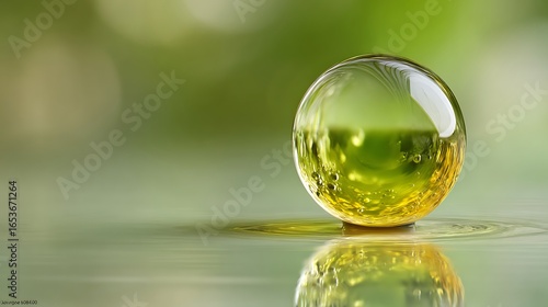Wallpaper Mural A transparent, spherical object with a yellowish hue, floating on a green background with a blurred, bokeh effect. The object has a textured surface with a swirling pattern. Torontodigital.ca
