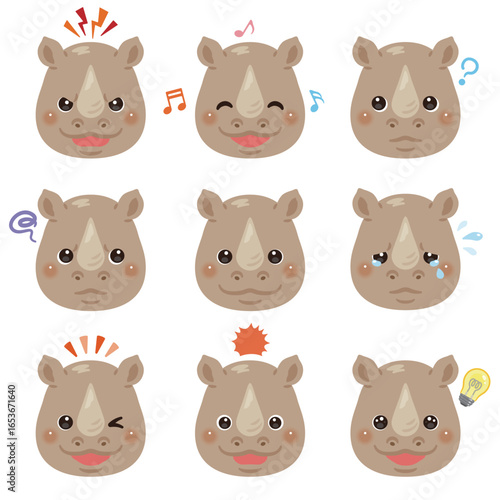 サイのイラストセット　顔表情のみ