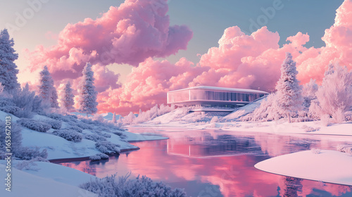 Sweet Pink Minimal Landscape Architecture Illustration