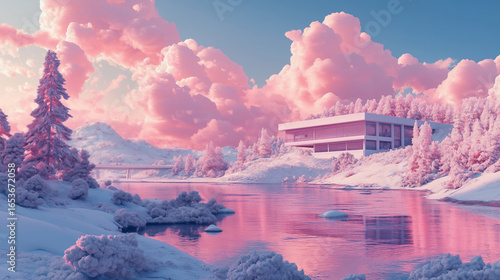Sweet Pink Minimal Landscape Architecture Illustration