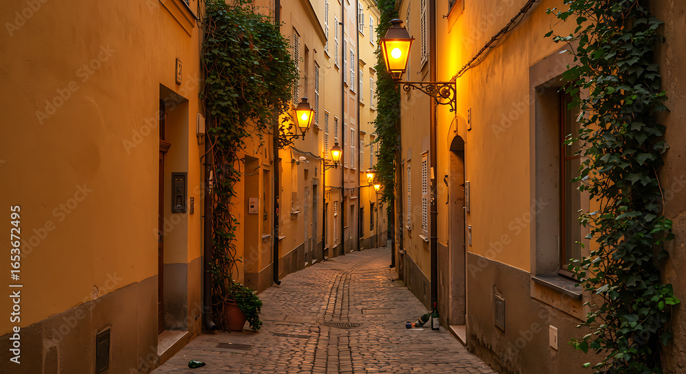 Fototapeta premium Charming cobblestone alleyway at dusk, illuminated by warm streetlights