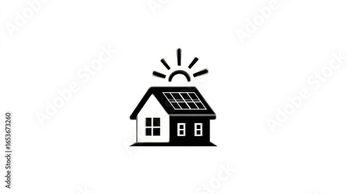 House icon with solar panels absorbing sunlight against white backdrop.