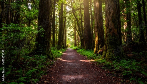 Fototapeta Naklejka Na Ścianę i Meble -  Sunlit path through a lush, mossy forest