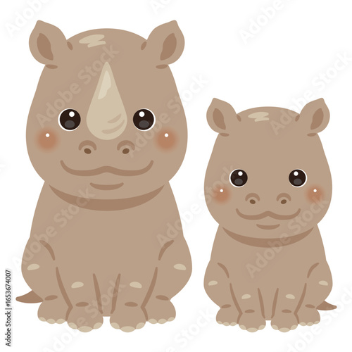 お座りしたサイの親子イラスト