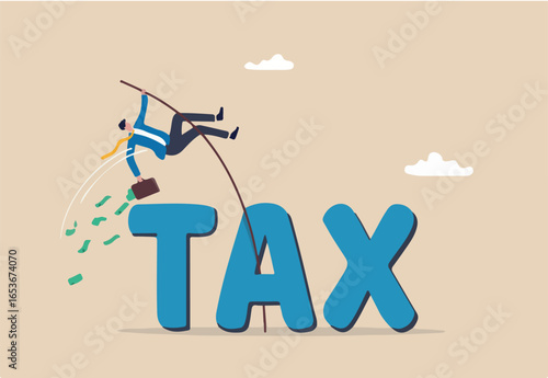 Overcome tax problem, expert advice for taxation or financial challenge concept, confidence businessman holding money briefcase pole vault jump over the word TAX. 