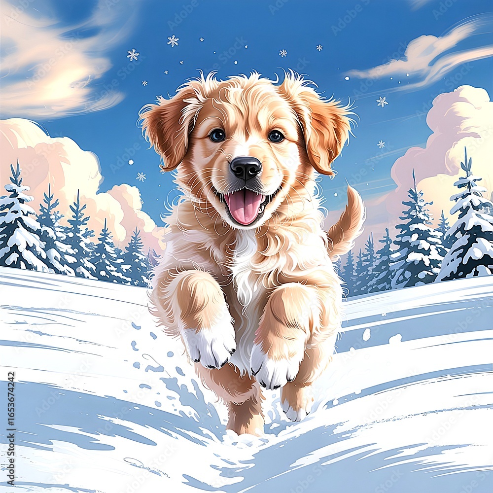 Joyful Golden Retriever Puppy Running Through Snowy Winter Landscape Joyful Golden Retriever Puppy Running Through Snowy Winter Landscape