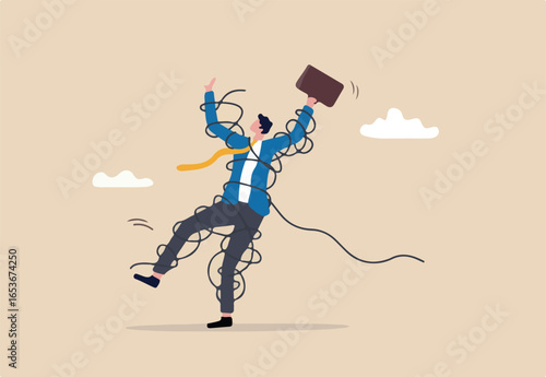 Business problem or failure, difficulty or hard to do, messy or tangled, complicated problem or trouble, busy job or mess, suffering or struggle, frustrated businessman with tangled messy rope around