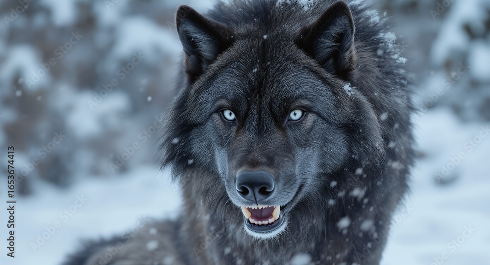Naklejka premium Majestic Black Wolf in Winter Snowfall