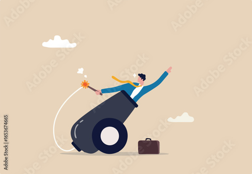 Self motivation to improve and boost business growth, determination to victory, challenge and ambition concept, confidence businessman ignite the cannon to launch himself flying high to reach target.