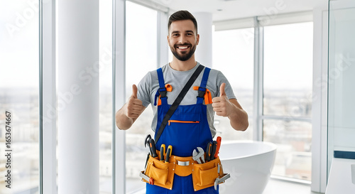 Confident Plumber Fixing Services, Giving Thumbs Up in Modern Home