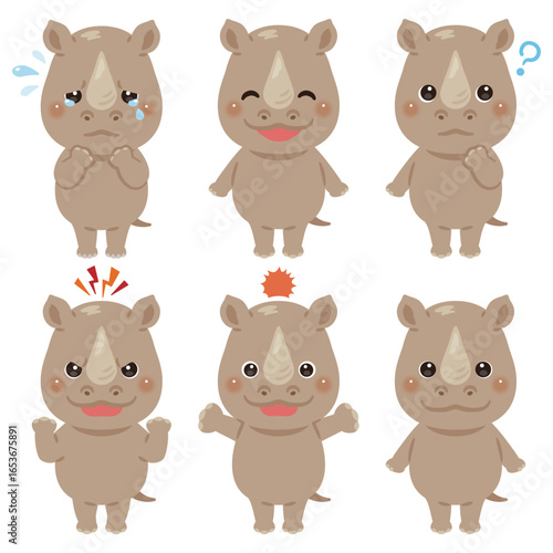 サイのキャラクターイラスト　表情セット