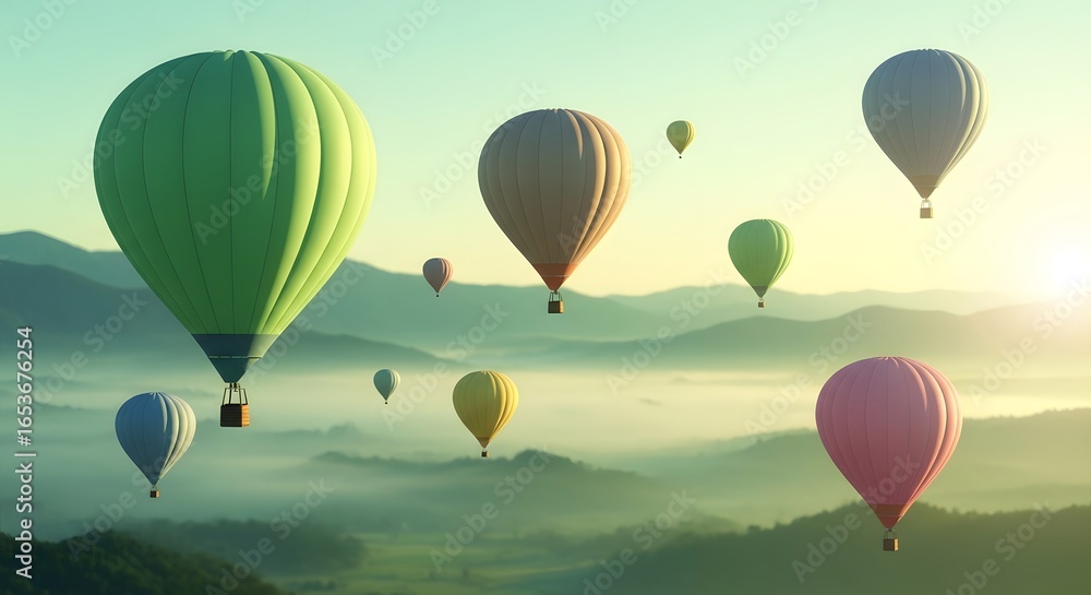 Obraz premium Colorful hot air balloons ascend over a misty landscape, bathed in sunlight.
