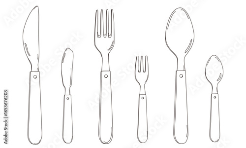 Handle cutlery, Silverware fork knife spoon. Simple line art. Hand drawn illustration vector.