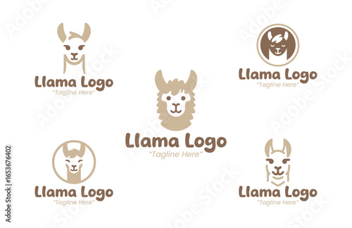 5 Llama Logo Set Beige and Cream Color Modern Minimalist Animal Brand Design