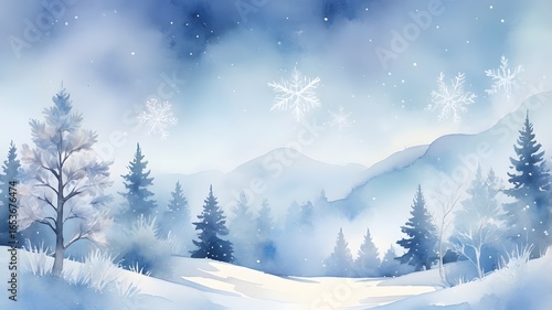 Wallpaper Mural A fairytale winter landscape painted in watercolor. Snowflakes are falling on a snowy forest. Can be used for greeting cards, posters, backgrounds, and web design. Torontodigital.ca