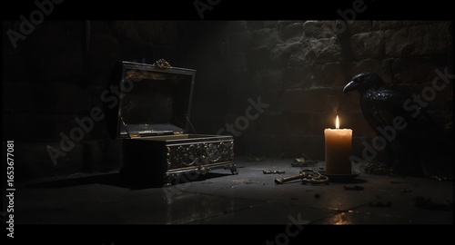 Open Treasure Chest, Candlelight, and Raven in Dark Room