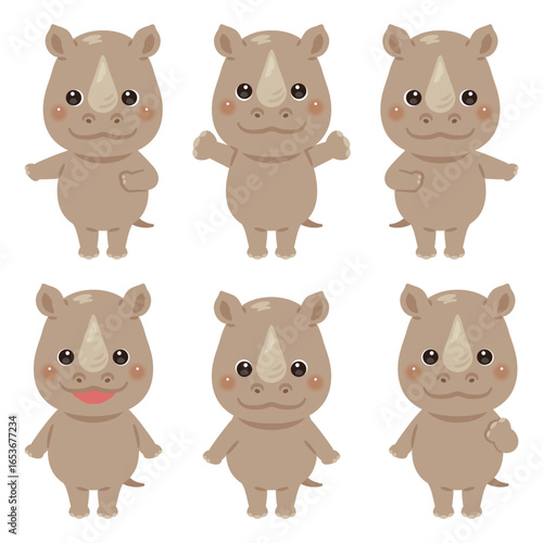 指さしをするサイのキャラクターイラストセット
