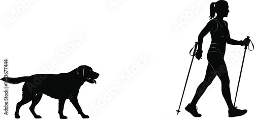 Woman silhouette walking with dog, pet companion, outdoor exercise, Nordic walking, healthy lifestyle, fitness, friendship, animal bond, vector illustration