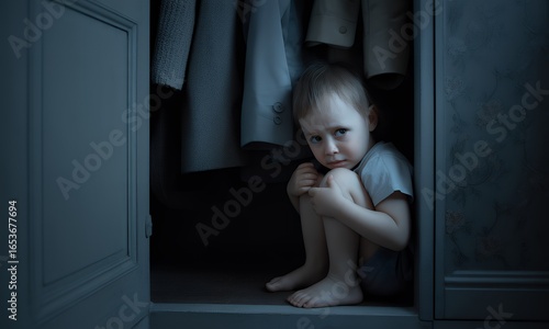Scared Child Hiding in Closet Emotional Stock Photo
