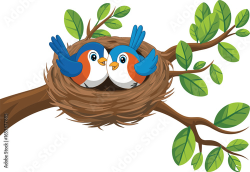 Cartoon birds in nest, lovebirds on tree branch, cute nature scene, feathered couple illustration, springtime icon, vector design, leafy background, isolated artwork