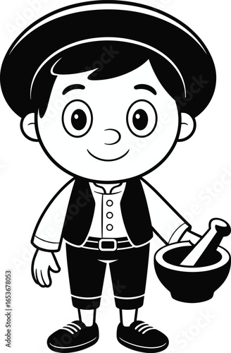 Cartoon folk healer boy character, black and white vector, traditional apothecary with mortar and pestle, vintage costume, storybook illustration