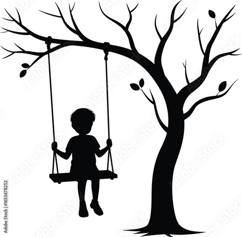 Child on swing silhouette under tree, nostalgic childhood moment vector, black and white clipart for family, nature, and emotional themes