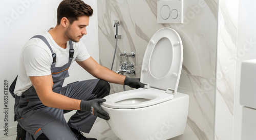 Professional plumber fixing a modern toilet in a clean bathroom
