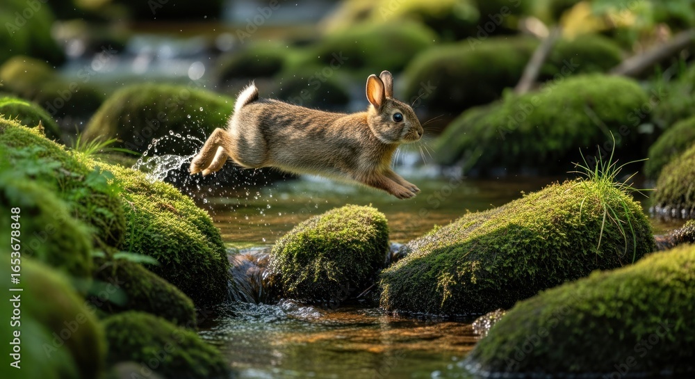 Obraz premium Nimble rabbit leaps across a mossy stream in a serene natural landscape environment